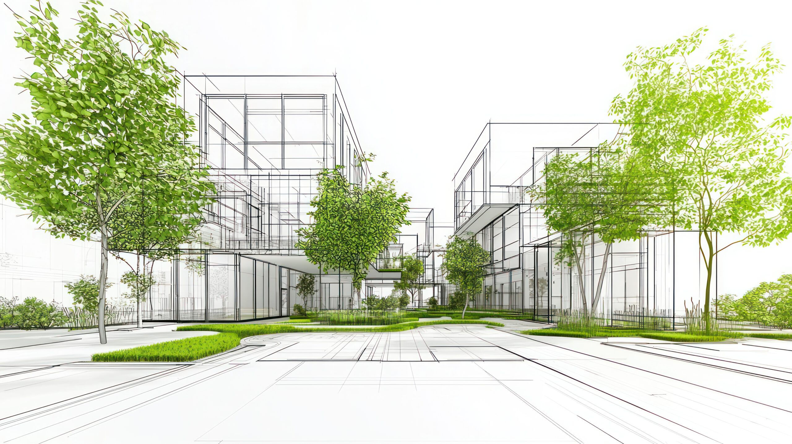 Architectural rendering of modern green building complex.